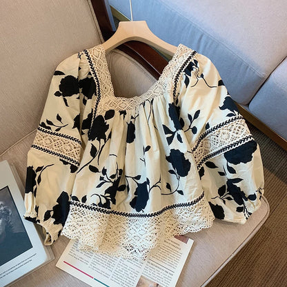 Elegant Women's Floral Lace Blouse with Sheer Detailing and Lightweight Fabric