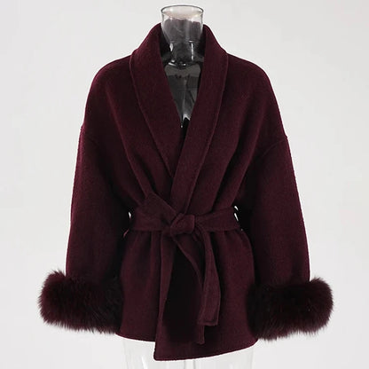 Wine Red Belted Wool Coat