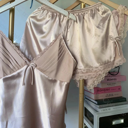 Elegant Women’s Satin Pajama Set with Lace Trim – Luxury Sleepwear for Comfort and Style