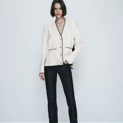 Slim-Fit Patchwork Knit Cardigan - Women’s Autumn Temperament Sweater with Pockets