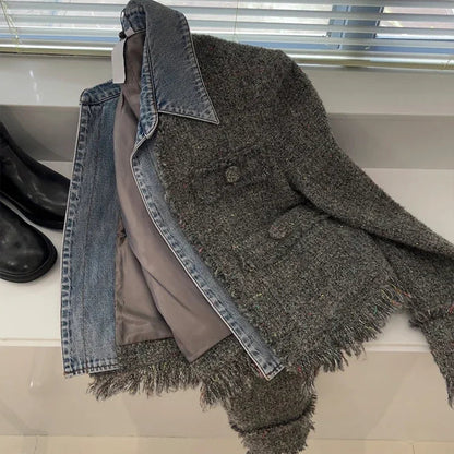 Chic Denim Patchwork Jacket - Retro Women’s Short Coat with Tassel Details and Turn Down Collar for Autumn Fashion