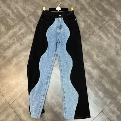 Blue Denim Patchwork Pants - Trendy Women’s Casual Jeans with Unique Vintage Patchwork Design
