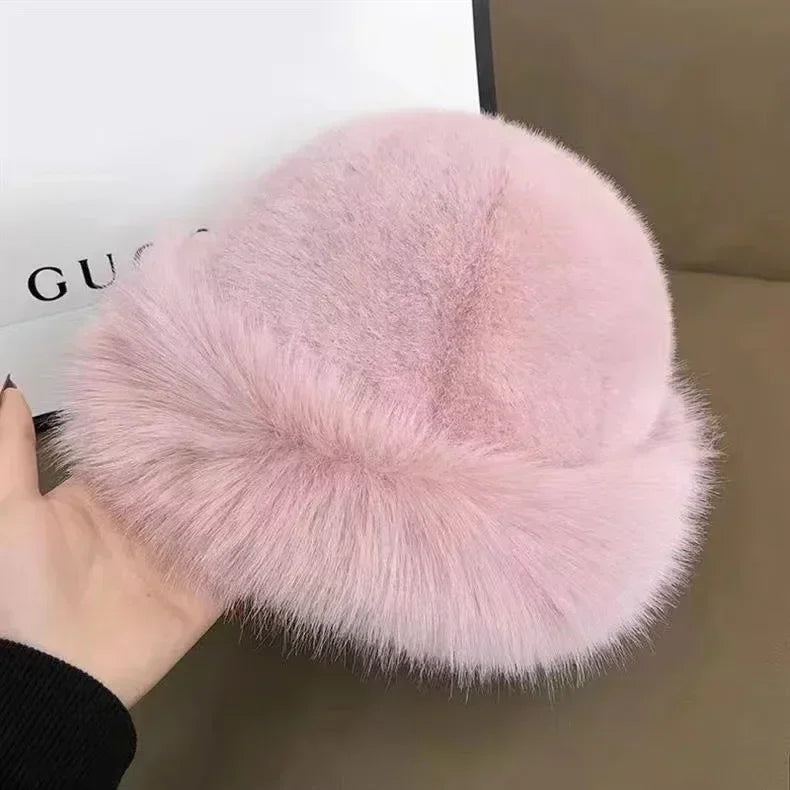 Women's Winter Fur Cap - Plush Fluffy Bomber Style Hat for Skiing and Ear Protection