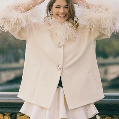 Elegant Feather Collar Cape Coat - Single-Breasted Autumn Outerwear for Women