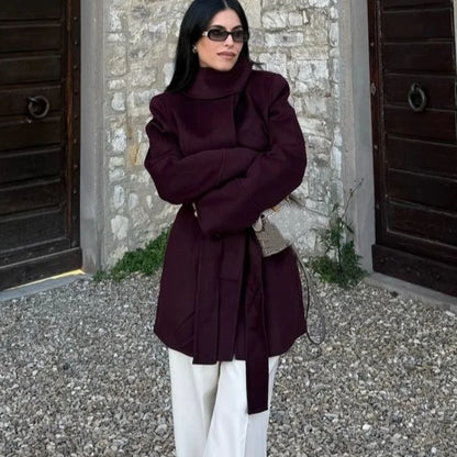 Burgundy Lace-Up Wool Coat - Stylish Women’s Wool Outerwear with Lace-Up Detail for Winter