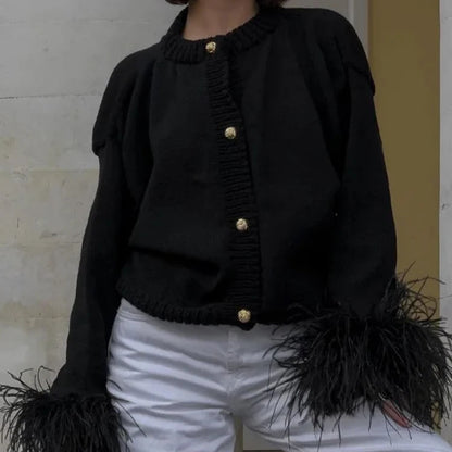 Chic Feather Patchwork Knit Cardigan – Cozy and Stylish Women’s Sweater for Fall & Winter