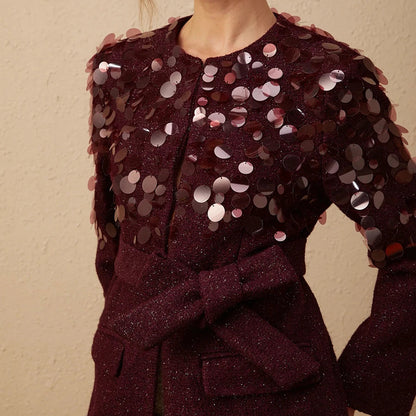Sequined Patchwork Belted Jacket for Women