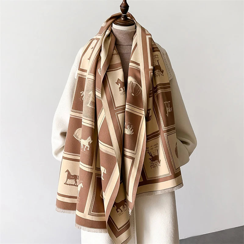 Luxury Horse Pashmina Shawl for Women - Warm Cashmere Winter Scarf and Thick Blanket Wrap