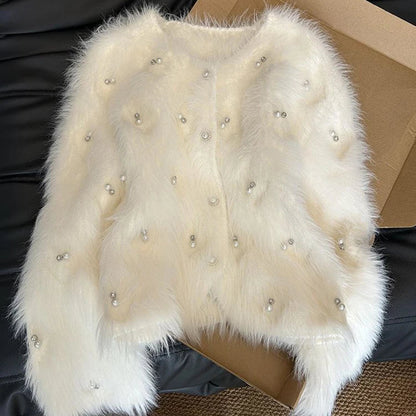 Chic Pearls White Cardigan Sweater – Elegant Women’s Knitted Top with Pearl Embellishments