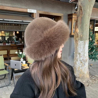 Women's Winter Fur Cap - Plush Fluffy Bomber Style Hat for Skiing and Ear Protection