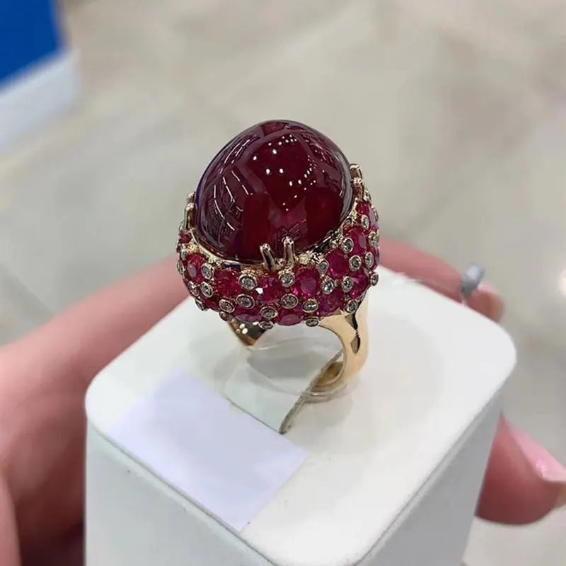 585 Purple Gold Plated Ruby Engagement Ring - 14K Rose Gold Oval Ruby Adjustable Luxury Punk Jewelry for Women