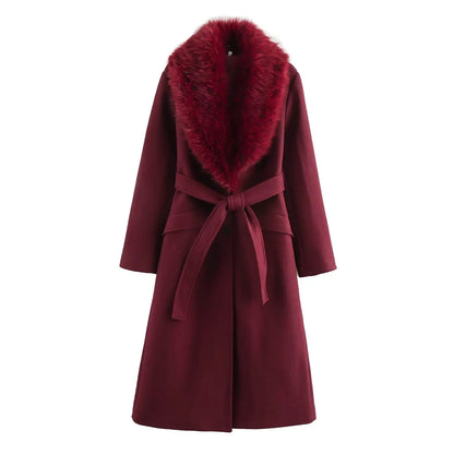 Elegant Wool Blend Long Coat - Faux Fur Collar, Belted French Chic Winter Overcoat for Women 2024