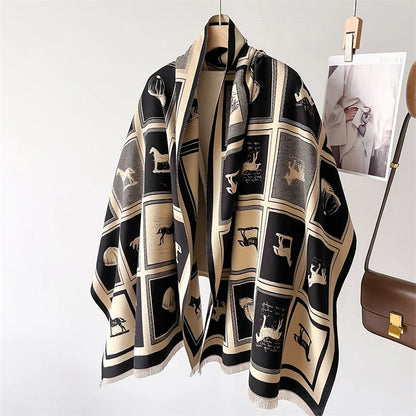 Luxury Horse Pashmina Shawl for Women - Warm Cashmere Winter Scarf and Thick Blanket Wrap