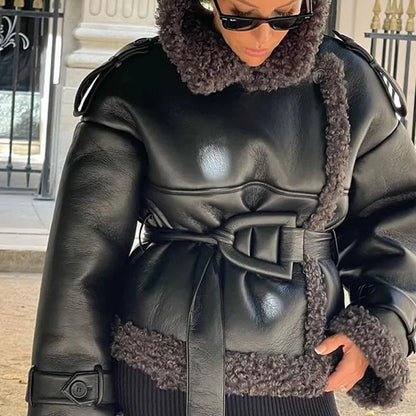 Chic Contrast Lamb Wool Coat - Loose Fit, Versatile Street Style Autumn Outerwear for Women 2024