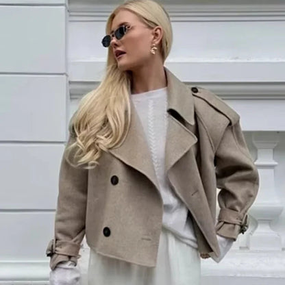 Solid Wool Cropped Coat for Women