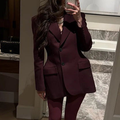 Burgundy Lapel Suit Jacket - Elegant Women’s Formal Blazer Jacket for Professional and Stylish Looks