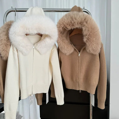 Women's Cashmere Hooded Zipper Cardigan - Soft, Warm, and Stylish Knit Outerwear