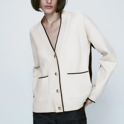 Slim-Fit Patchwork Knit Cardigan - Women’s Autumn Temperament Sweater with Pockets