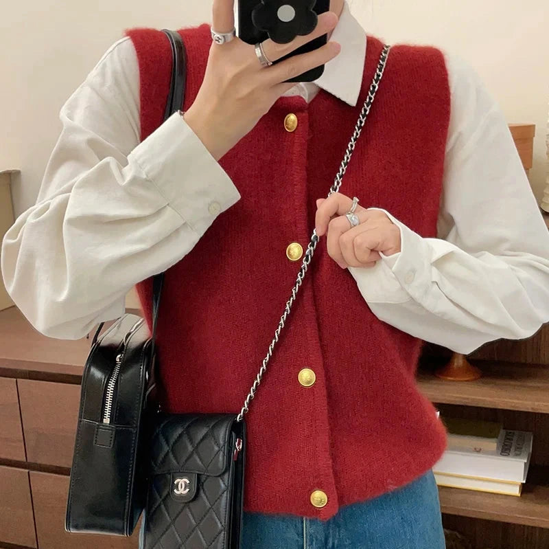 Gold Button Sweater Vest – Elegant Knit Vest for Women
