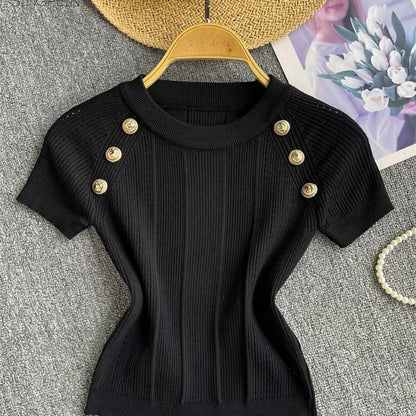 Knitted Gold Button Top for Women