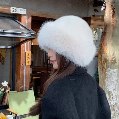 Women's Winter Fur Cap - Plush Fluffy Bomber Style Hat for Skiing and Ear Protection