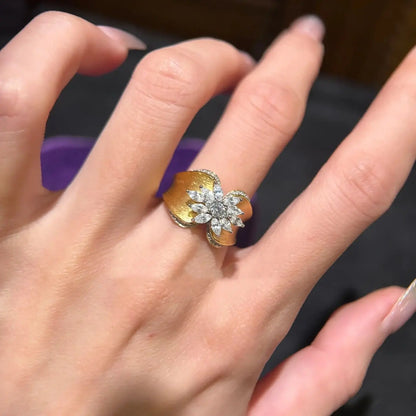 French Style Gold Zircon Ring - Retro Wire Craft Jewelry with Inlaid White Zircon, Gold Finish for Women