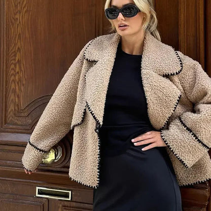 Plush Lapel V Neck Jacket - Casual Loose Fit Autumn Winter Coat with Pockets and Long Sleeves for Women