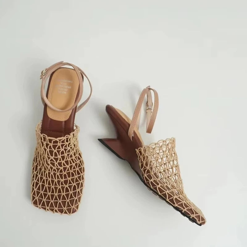 2024 Summer Luxury Designer Sandals with Lace Mesh and Braided High Heels