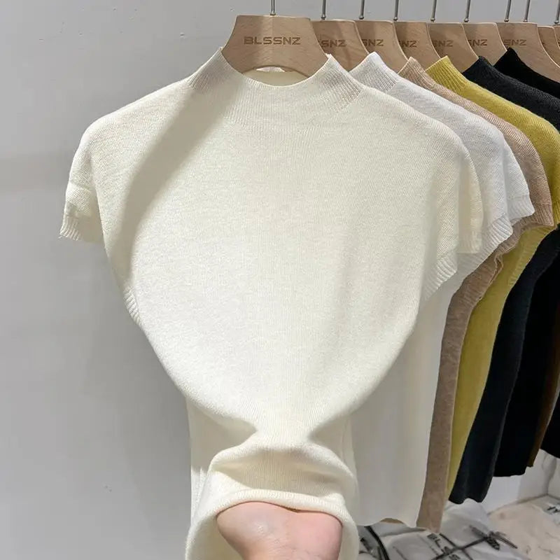 Semi-High Neck Knit Sleeveless Top for Women