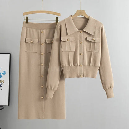 Korean Bodycon Knit Skirt Set with Polo Collar Cardigan