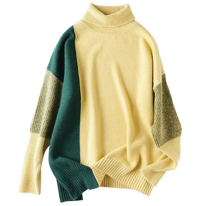 Korean Patchwork Turtleneck Sweater - Loose Knitting Autumn Winter Bottoming Shirt for Women