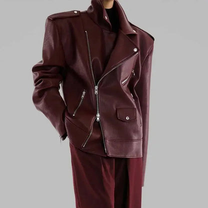 Women's Burgundy Zipper Leather Jacket - Stylish Faux Leather Biker Outerwear