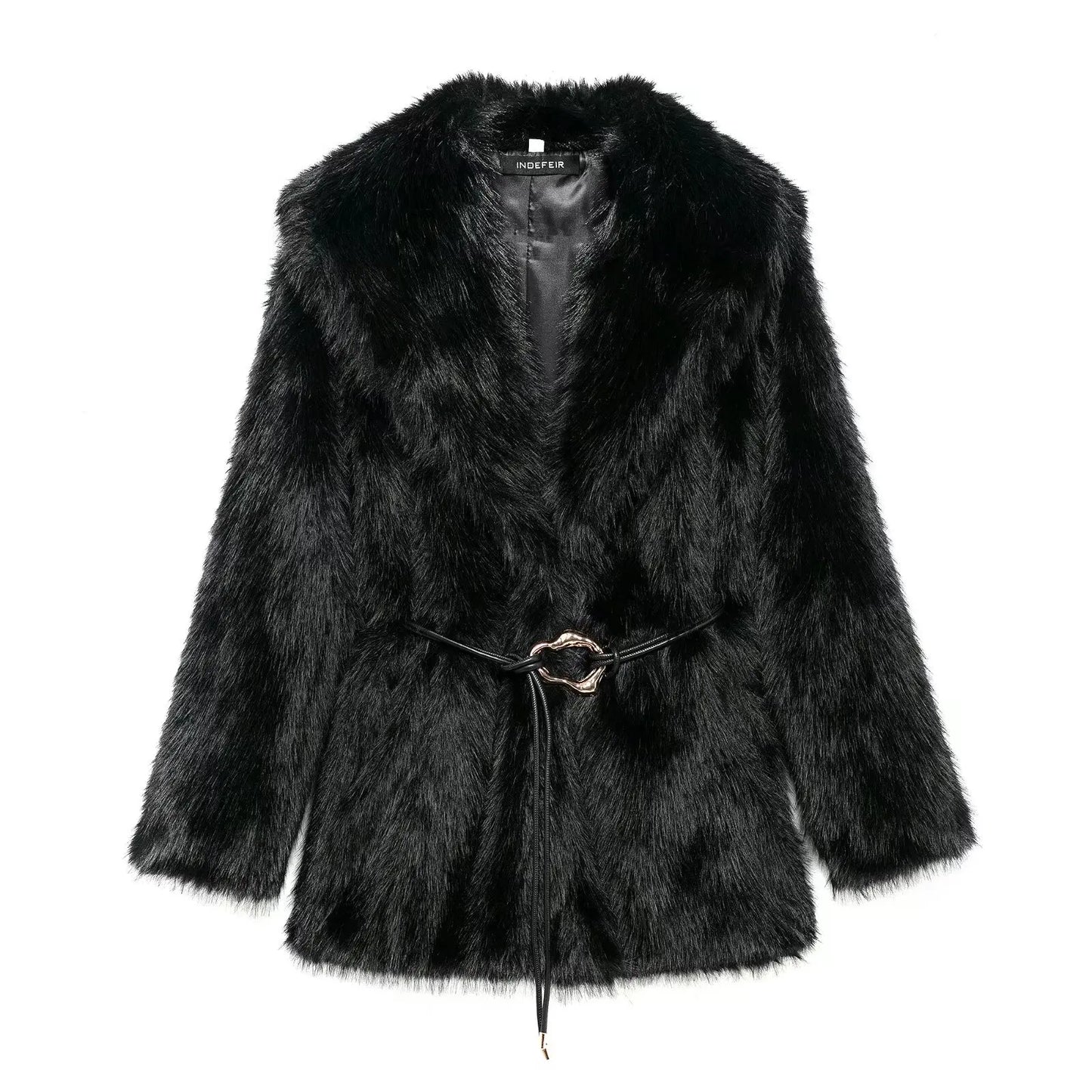 Luxury Faux Fur Coat - Vintage Lapel Belted Thicken Outerwear for Women, Autumn Winter Fashion 2024