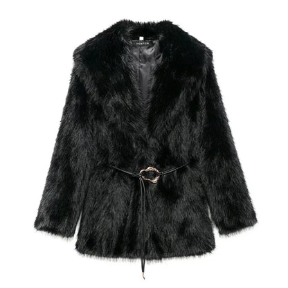 Luxury Faux Fur Coat - Vintage Lapel Belted Thicken Outerwear for Women, Autumn Winter Fashion 2024