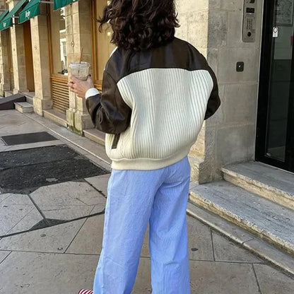 Contrasting Leather Jacket – Bold Color-Block Leather Outerwear for Women, Trendy and Stylish