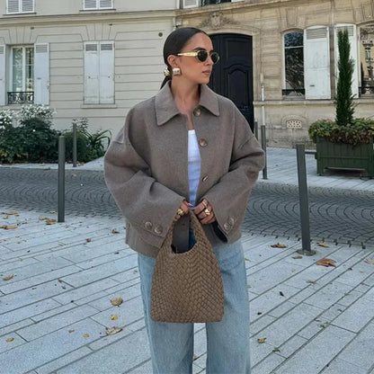 Solid Wool Cropped Coat for Women