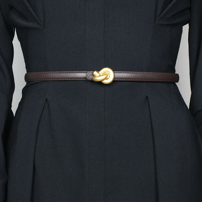 Genuine Leather Fashion Belt - High-Quality Metal Knot Buckle Waistband for Dress and Jeans