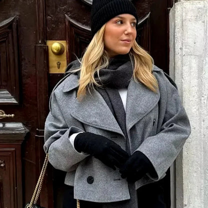 Solid Wool Cropped Coat for Women