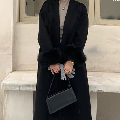 Elegant Women’s Woolen Coat with Belt and Fur Patchwork - European Style Winter Outerwear