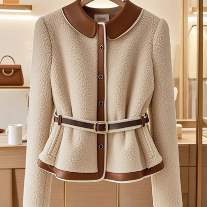 Winter Fashion Leather Patchwork Lambswool Coat - Stylish Women’s Single-Breasted Coat with Belt and Long Sleeves for Winter