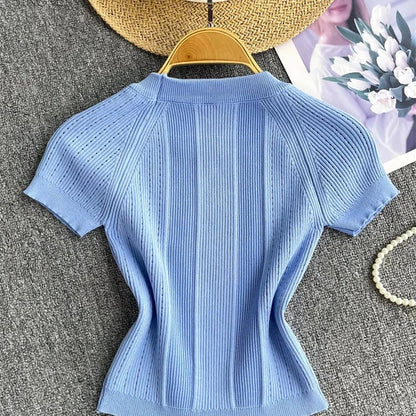 Knitted Gold Button Top for Women