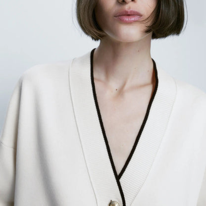 Slim-Fit Patchwork Knit Cardigan - Women’s Autumn Temperament Sweater with Pockets