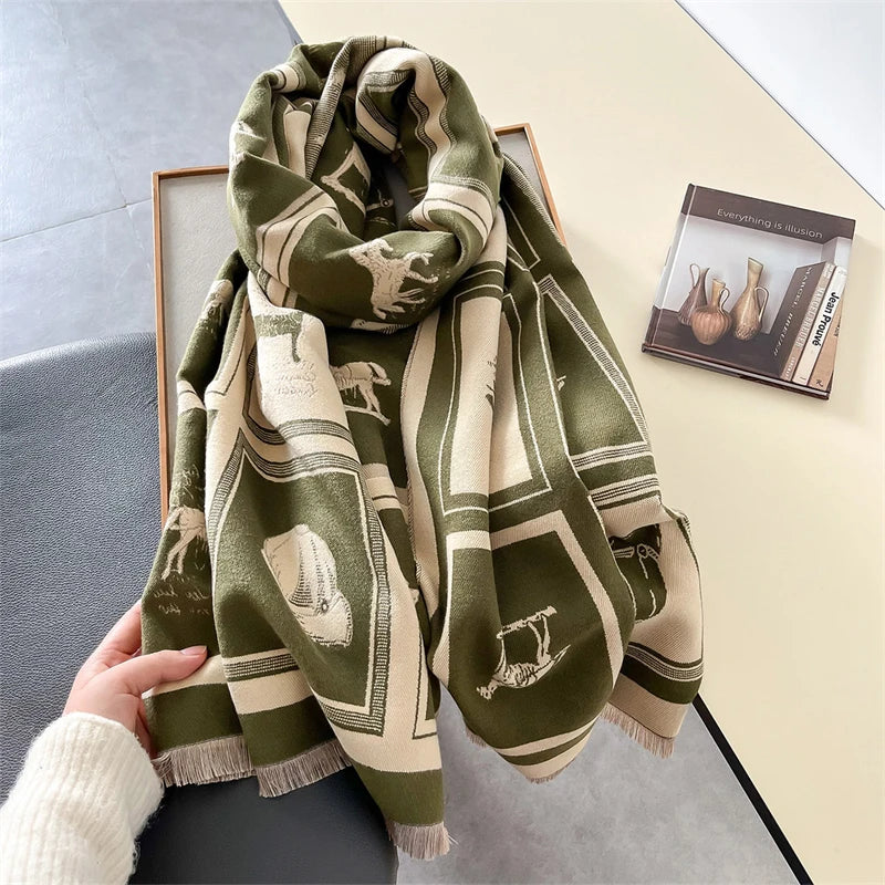 Luxury Horse Pashmina Shawl for Women - Warm Cashmere Winter Scarf and Thick Blanket Wrap