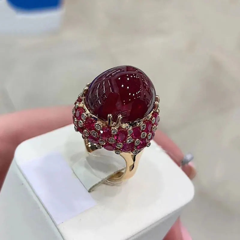 585 Purple Gold Plated Ruby Engagement Ring - 14K Rose Gold Oval Ruby Adjustable Luxury Punk Jewelry for Women