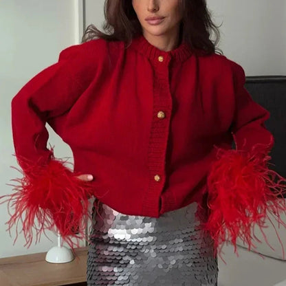 Chic Feather Patchwork Knit Cardigan – Cozy and Stylish Women’s Sweater for Fall & Winter