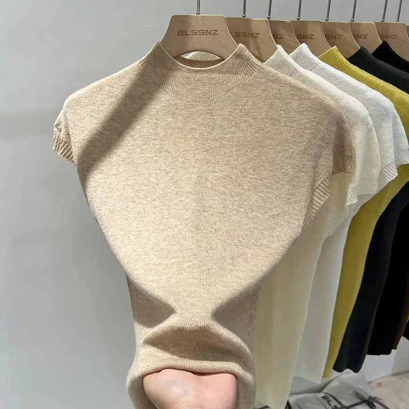 Semi-High Neck Knit Sleeveless Top for Women