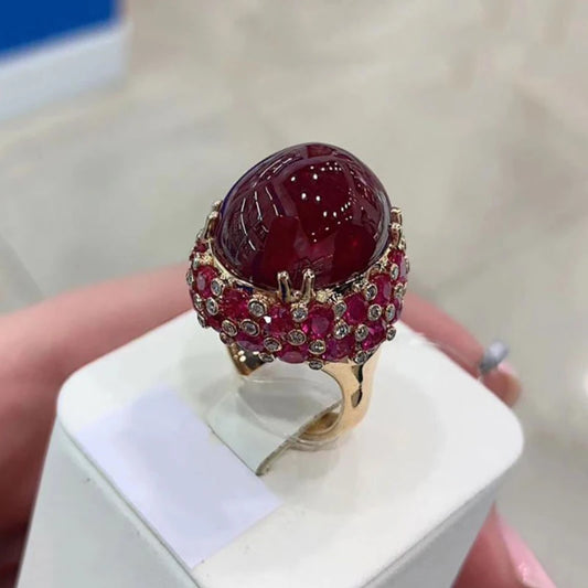 585 Purple Gold Plated Ruby Engagement Ring - 14K Rose Gold Oval Ruby Adjustable Luxury Punk Jewelry for Women