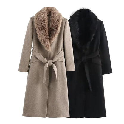 Elegant Wool Blend Long Coat - Faux Fur Collar, Belted French Chic Winter Overcoat for Women 2024