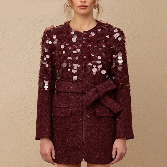 Sequined Patchwork Belted Jacket for Women