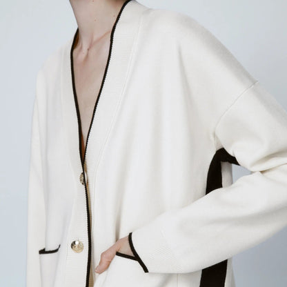 Slim-Fit Patchwork Knit Cardigan - Women’s Autumn Temperament Sweater with Pockets